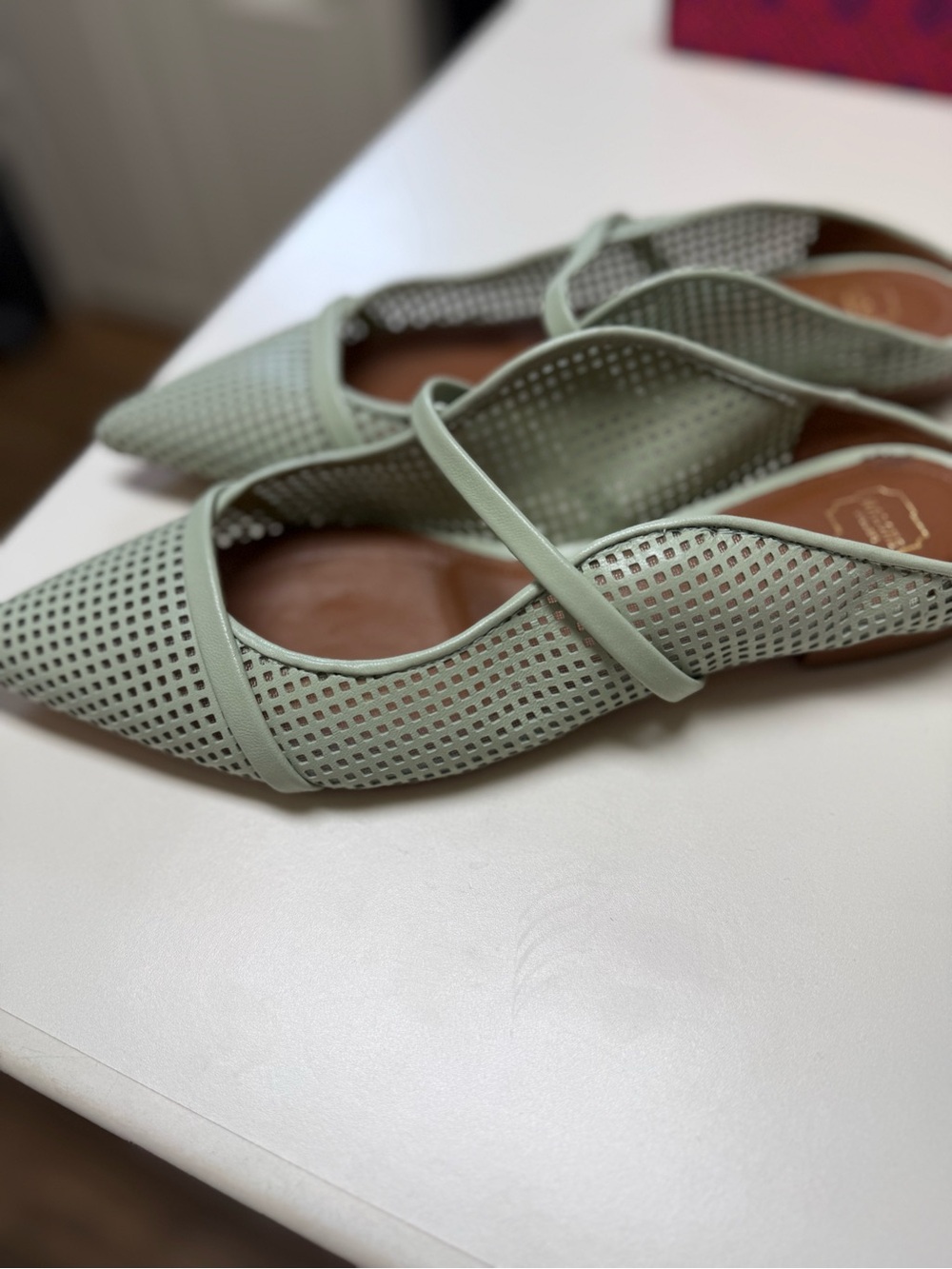 Mary Jane Perforated Pointed-Toe Flats in Sage